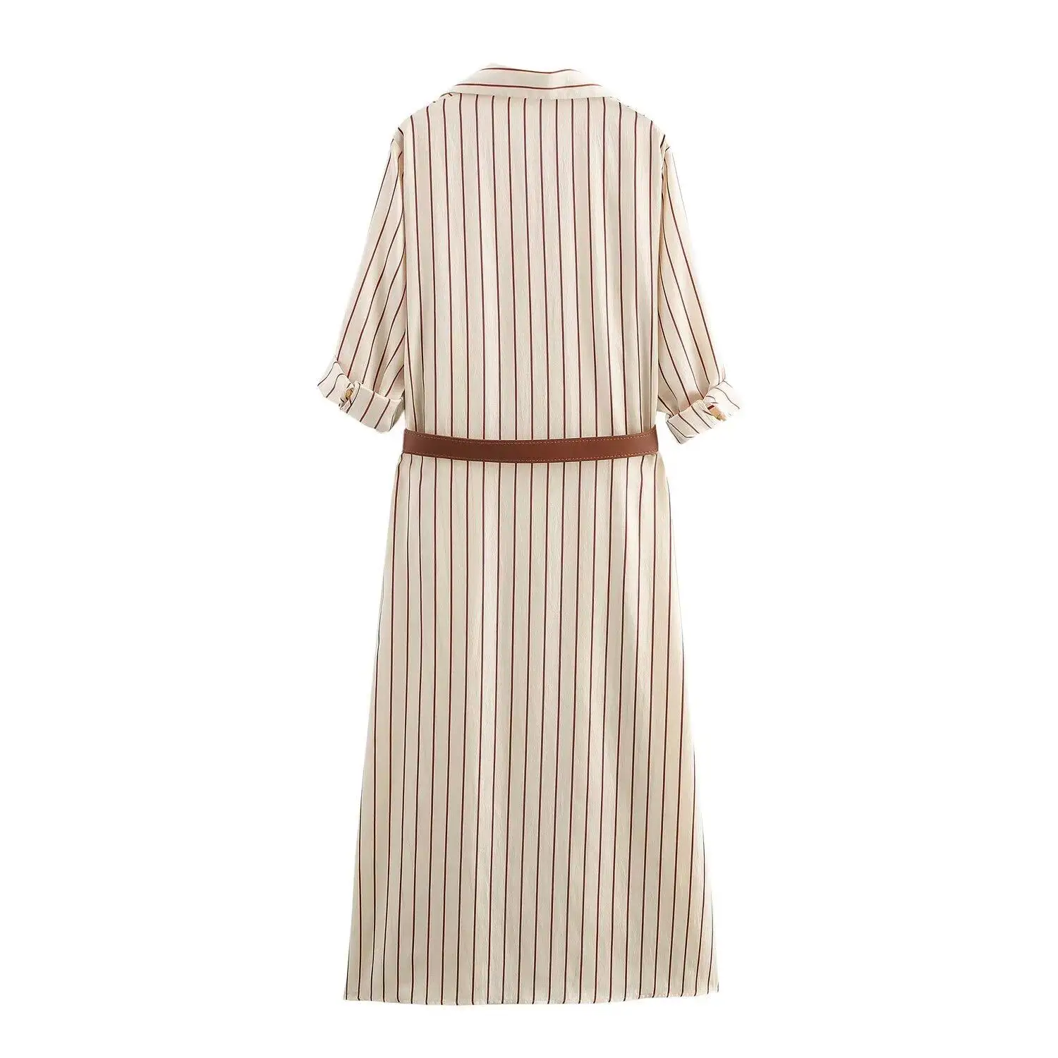 Spring New Women's Midi Dr Striped Print with Belt Casual Commute Sle Long Sve  Collar Polyester Fiber Dr
