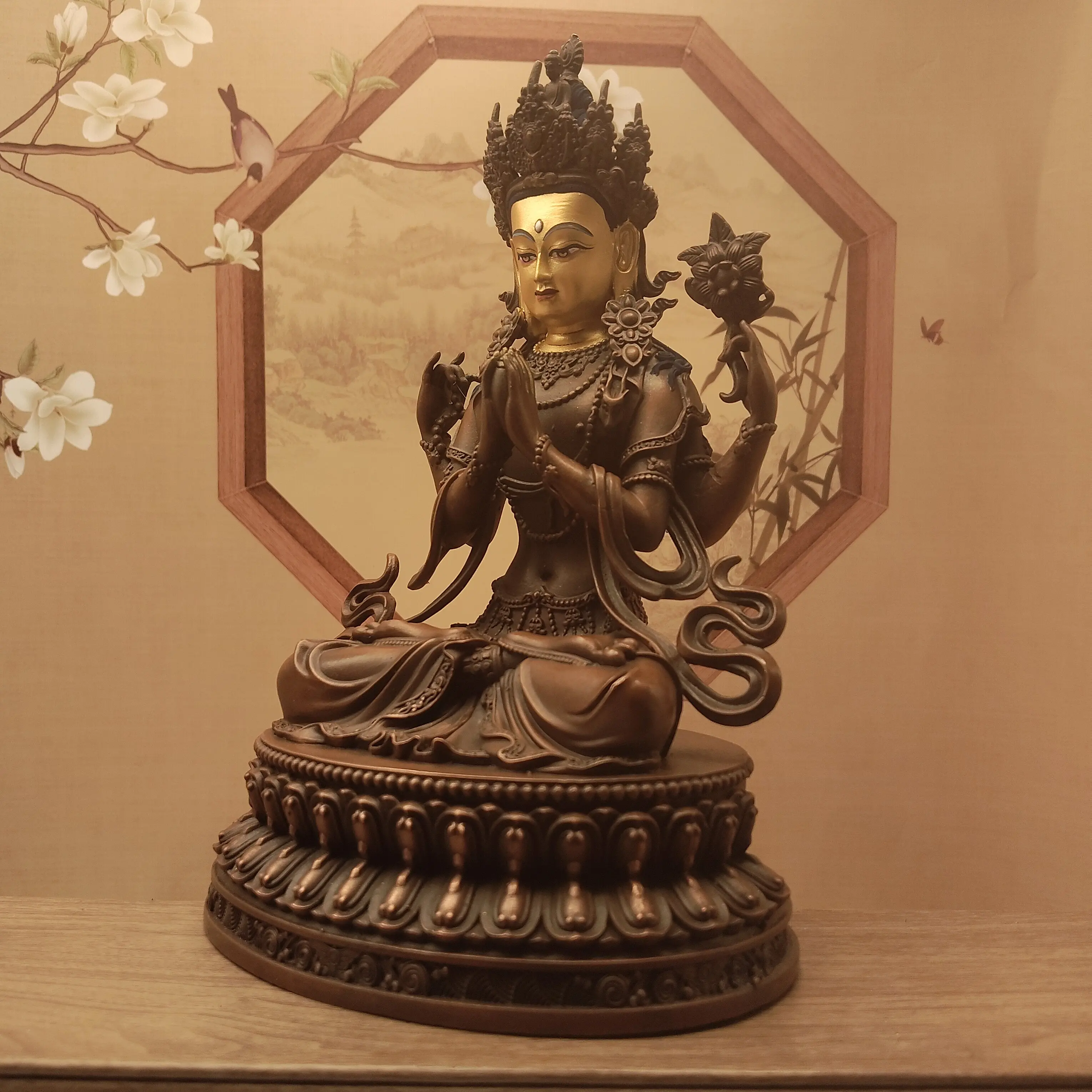 Tibetan Fine Antique Copper Painted Face Four-Armed Avalokiteshvara Statue 23cm Home Car Portable Altar Blessing