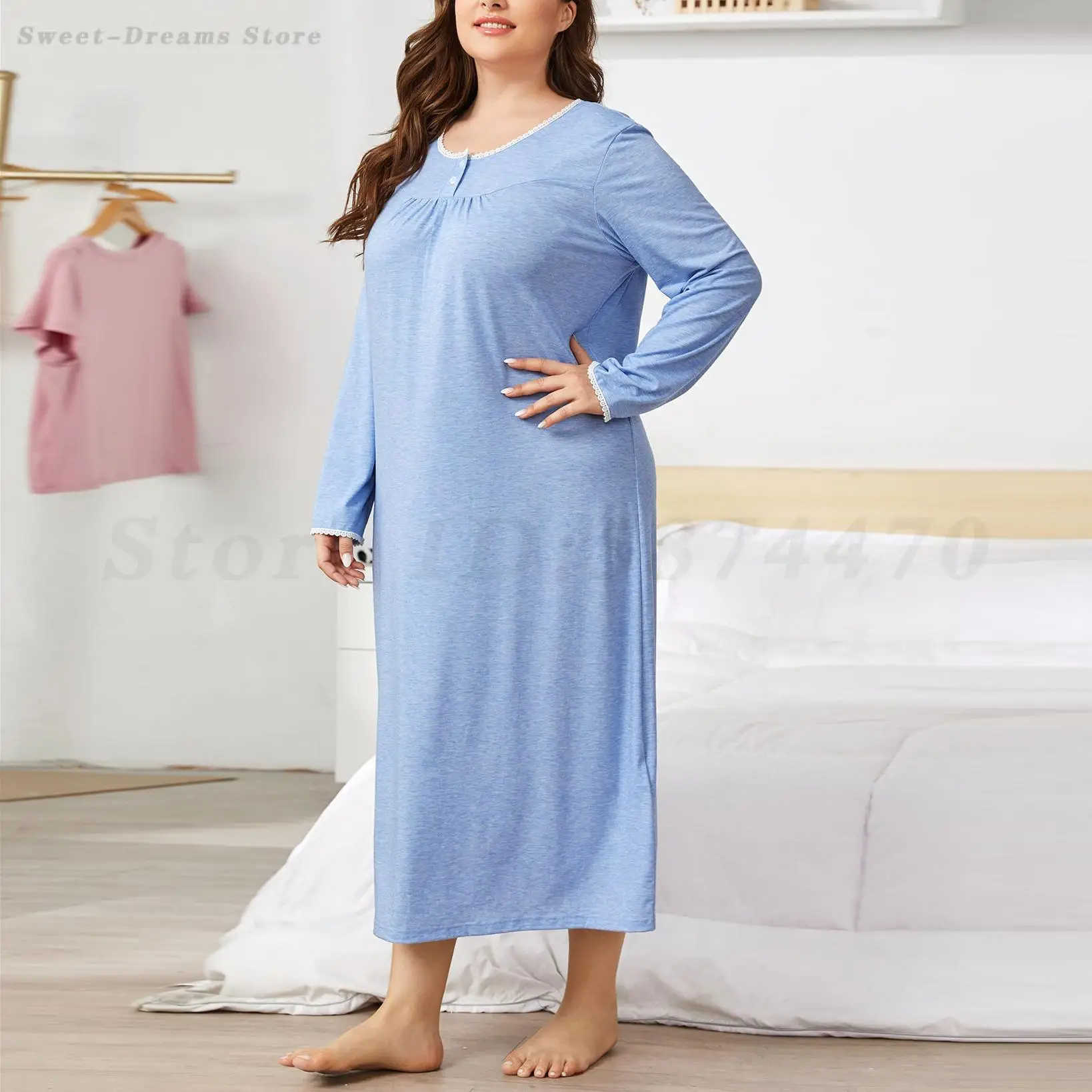 Blue Long Sleeved Nightdress Women\'s Sweet Lace Edge Nightgown Large Size 4XL Sleepwear Casual Home Dressing Gown Lounge Wear
