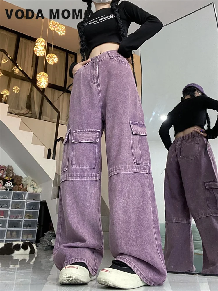 

Women Spring Autumn Loose Wide Leg Pants High Waist American New Fashion Vintage Cargo Jeans Multi-Pockets Basic Daily Harajuku