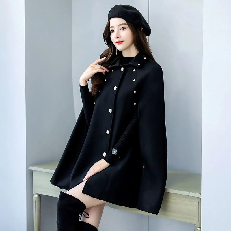 Black Cloak Coat Women\'s Autumn Winter 2024 New Medium Length Loose Woolen Shawl Hepburn Thickened Woolen Coat