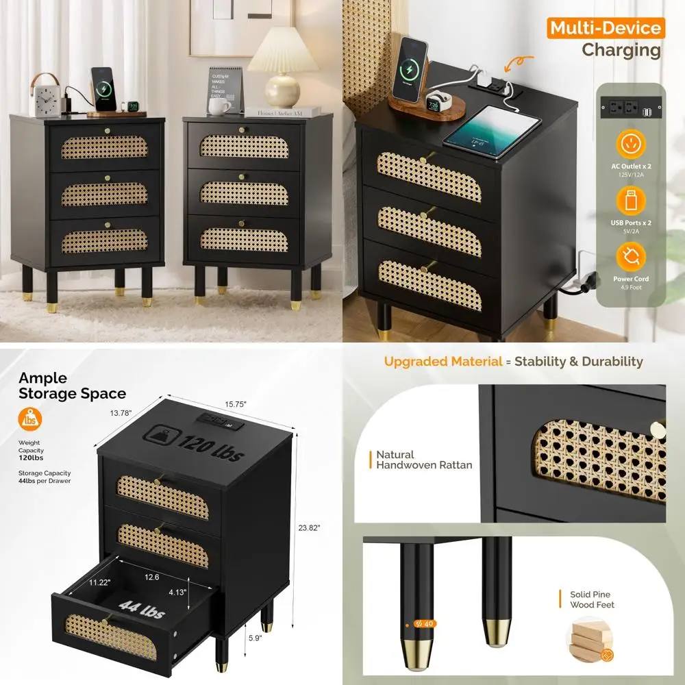 Charging Station Nightstand Set of 2, Rattan 3-Drawer Nightstands for Bedroom, Wooden Bedside Tables