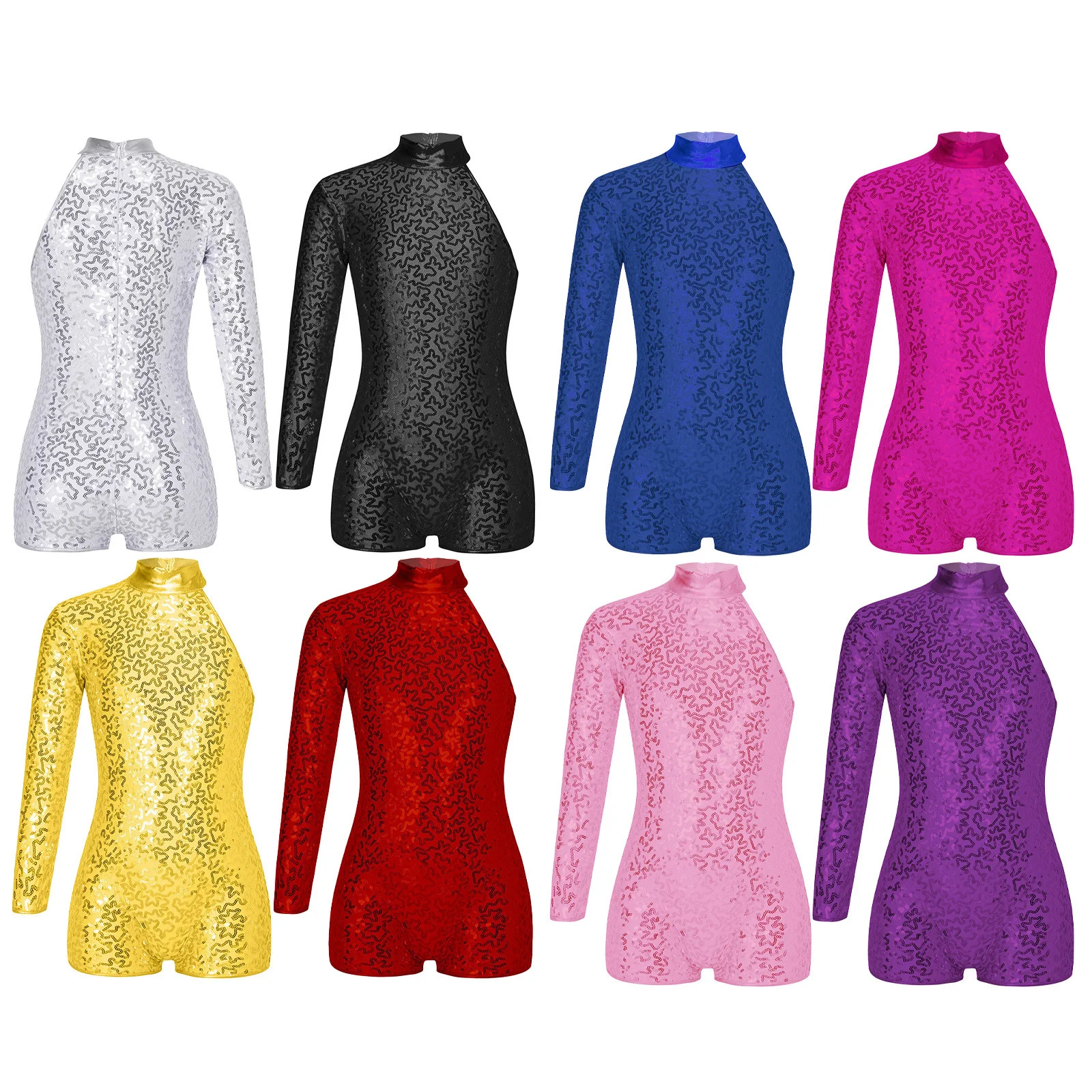 Kids Girls Sequins Dance Leotards Single Long Sleeve Texture Decorated Invisible Zipper Closure Back Jazz Shiny Jumpsuit