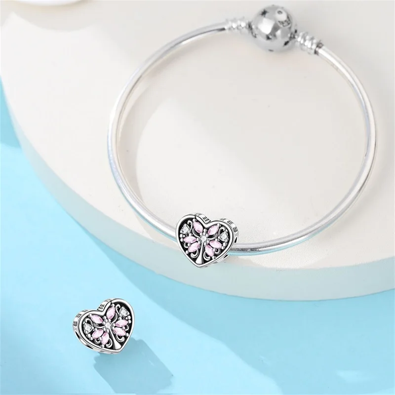 925 Sterling Silver Heart-Shaped Pink Life Tree Charm Bead Fit 3mm Original Bracelet DIY Women Exquisite Birthday Jewelry Gifts