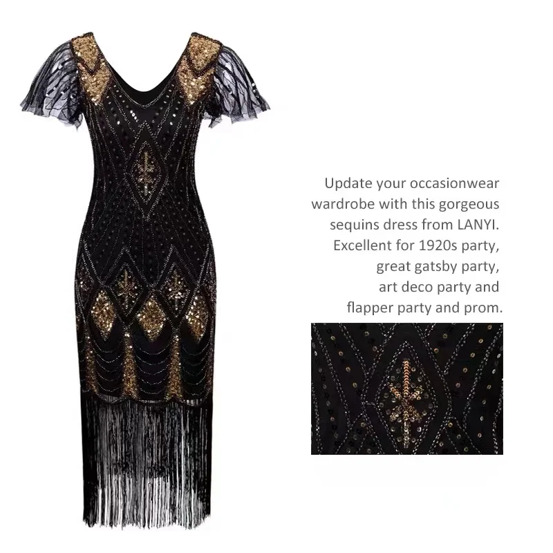 Embellished Beaded Sequin Dress Robe Vestidos Women 1920s Flapper Dress Vintage V Neck Butterfly Sleeve Long Great Gatsby Dress