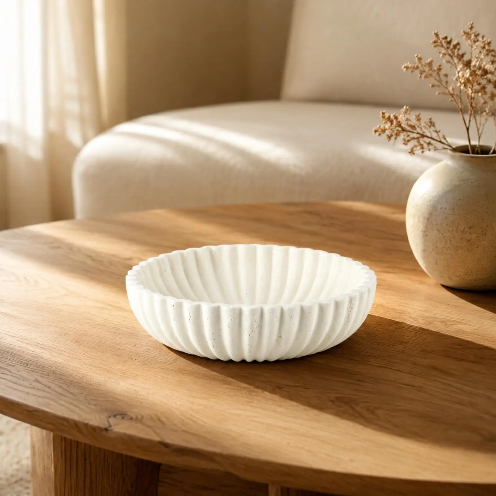 Fluted Serving Bowl with Rim Polished Travertine-Like Snack Bowl Versatile for Coffee Table, Home Decor