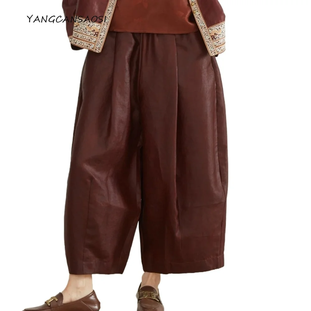 

2026 Женская модная весенне-летняя одежда из 100% натурального шелка шелковицы, красная пряжа с эластичной резинкой на талии, свободные прямые брюки