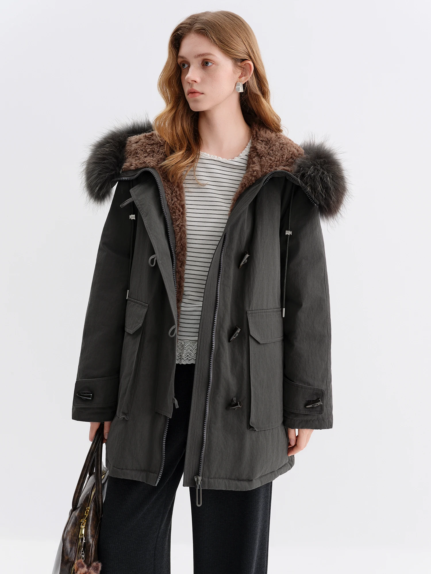 Parka z futrem z szopaka japońskiego FSLE, ocieplana, średniej długości kurtka puchowa damska na zimę 2025, nowość, ciepła, khaki płaszcz puchowy.