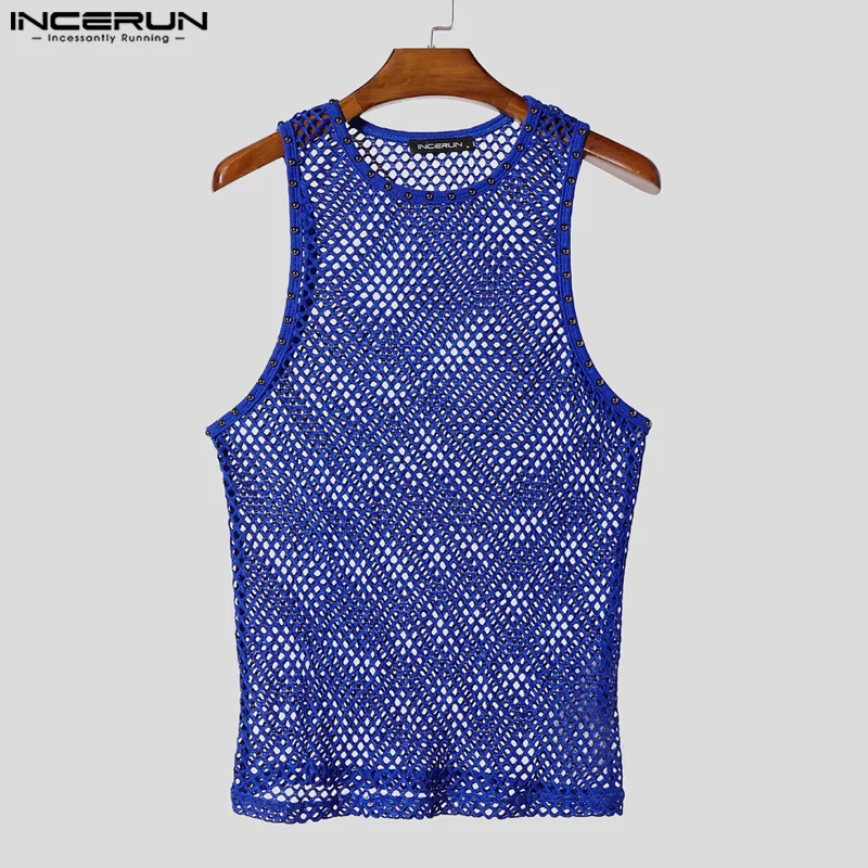 INCERUN Men Tank Tops Solid Color Mesh Hollow Out See Through Male Vests Summer Sexy Streetwear 2025 Fashion Men Clothing S-5XL
