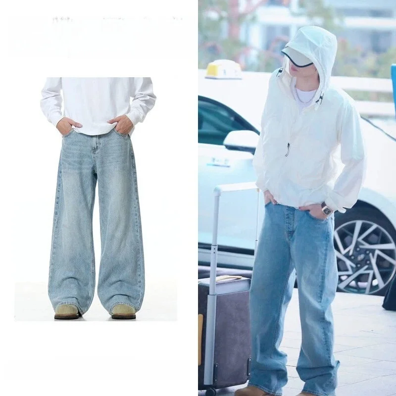 Calças Jeans Americanas Retrô, Largas, de Perna Reta, Finas, Casuais, Longas para Homens e Mulheres, Cintura Alta, Fibra de N...