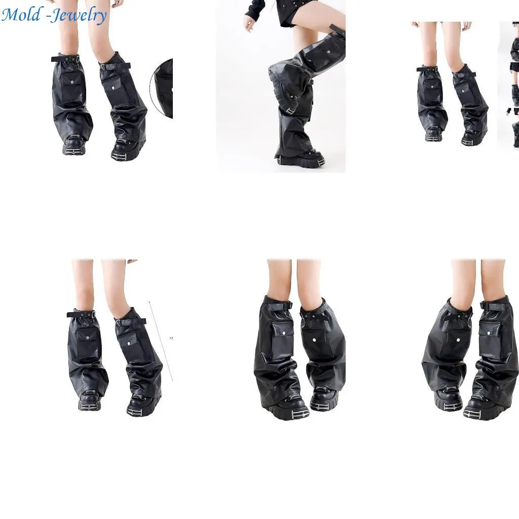 

69HB Women Punk Faux Leather Leg Warmers Flared Long Socks with Eyelet Strap Pocket