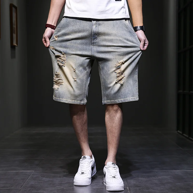 Men's Shorts Hip Hop Baggy Hole Short Jeans Fashion Plus Size 44 Short Denim Short Pants Loose Male Clothing Bottoms Male