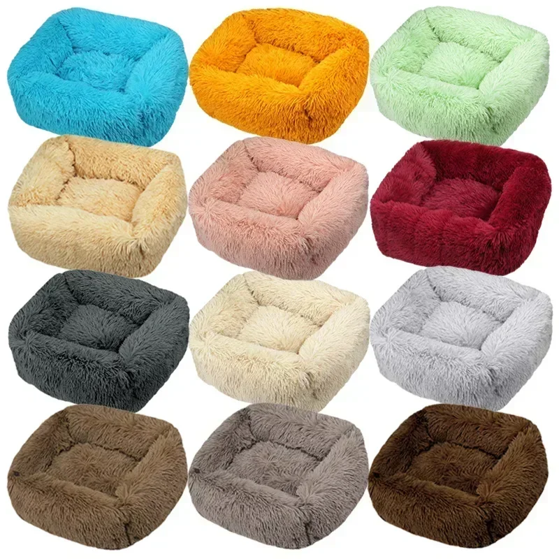 1P Lang Pluche Hondenbed Warm Pluche Kattenhuis Groot Formaat Vierkant Zacht Hondenbedden Voor Grote Honden Puppybed Huis Nestkussen Huisdierproduct