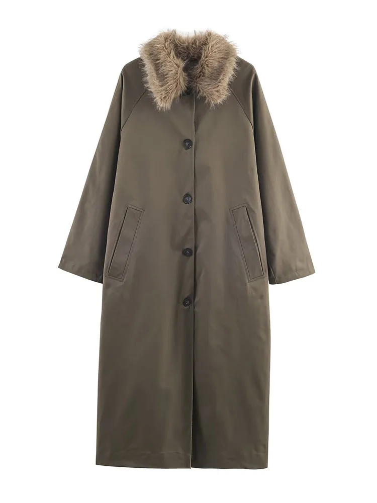 HH Women Winter Fashion Faux Fur Effect Collar Reversible Detachable Windbreaker Coat Female High Street Lapel Long Jacket Mujer