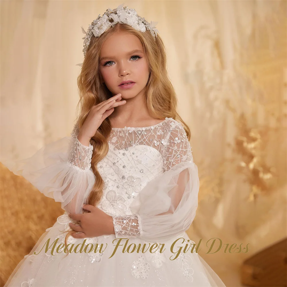 Meadow Beaded Sequin Princess Girls Dress Long Sleeves Kids Birthday Party Dress Pure White Tutu Fluffy Prom Gown Customized