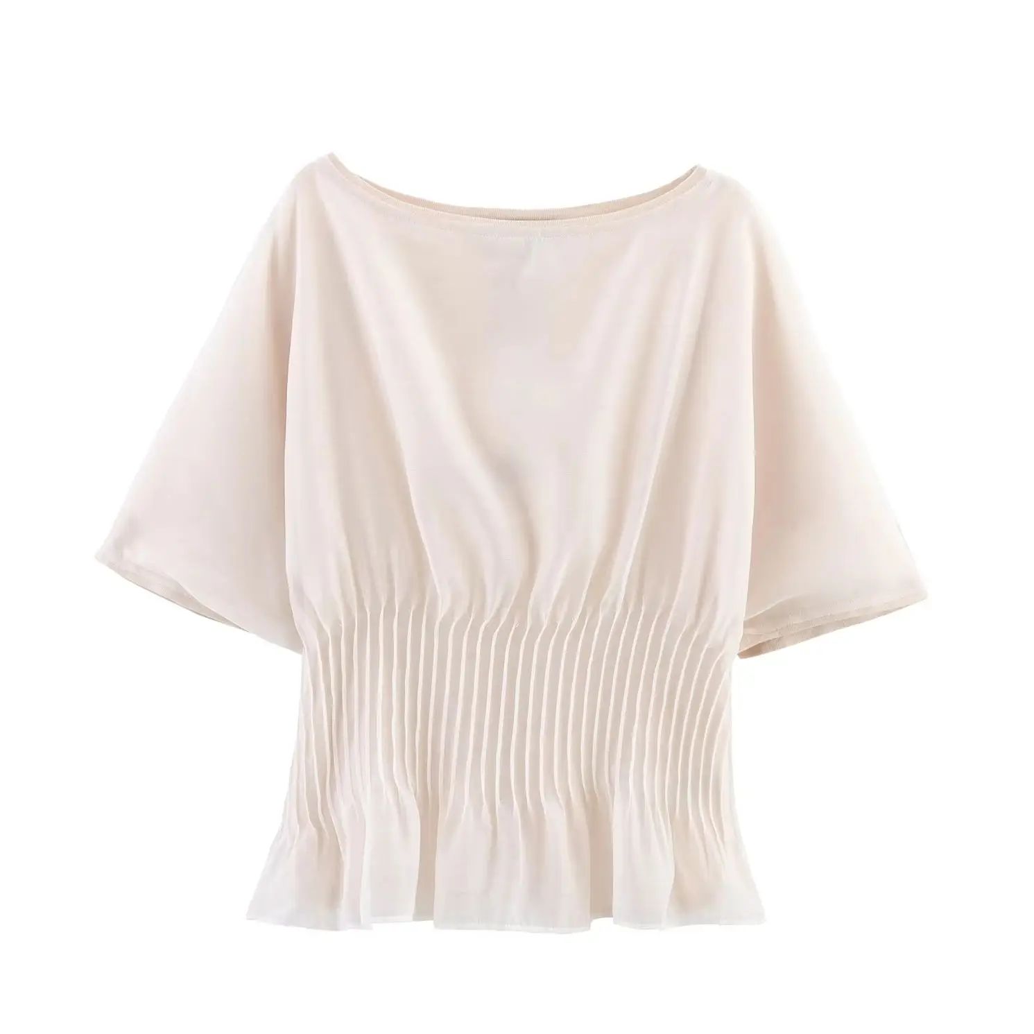 

KONDALA Beige Patchwork Casual Pleated Woman T-shirt Fashion 2025 Summer Streetwear Mujer Basci Female Short Sleeve Commute Top