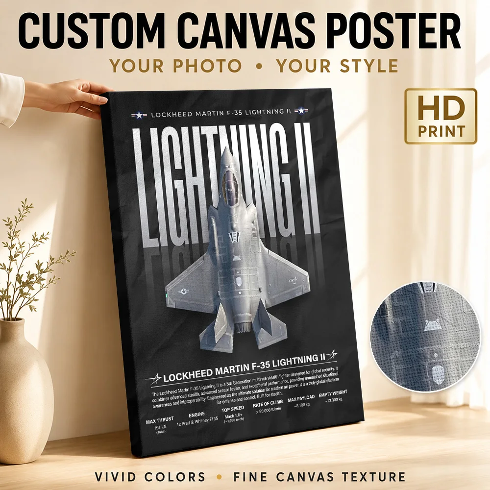 Fighter Jet Lockheed Martin F-35 Lightning II Canvas Print Poster Customized Photo Technical Style Canvas Wall Art Study Decor