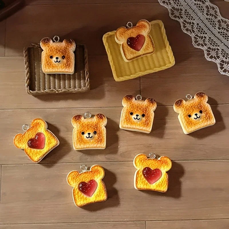 8Pcs Heart Bear Toast Bread Resin Charms Cute Cartoon Pendants DIY Handmade Earrings Bracelet Jewelry Making Craft Supplies