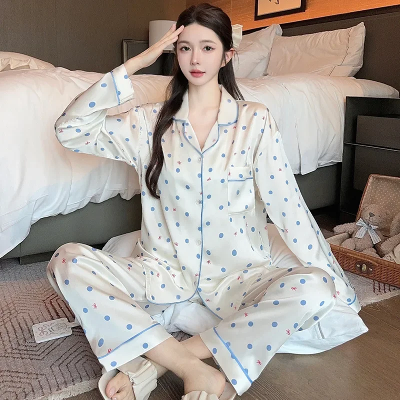 french-style-new-women's-pajamas-for-spring-and-autumn-high-quality-ice-silk-polka-dot-long-sleeve-long-pants-homewear-set