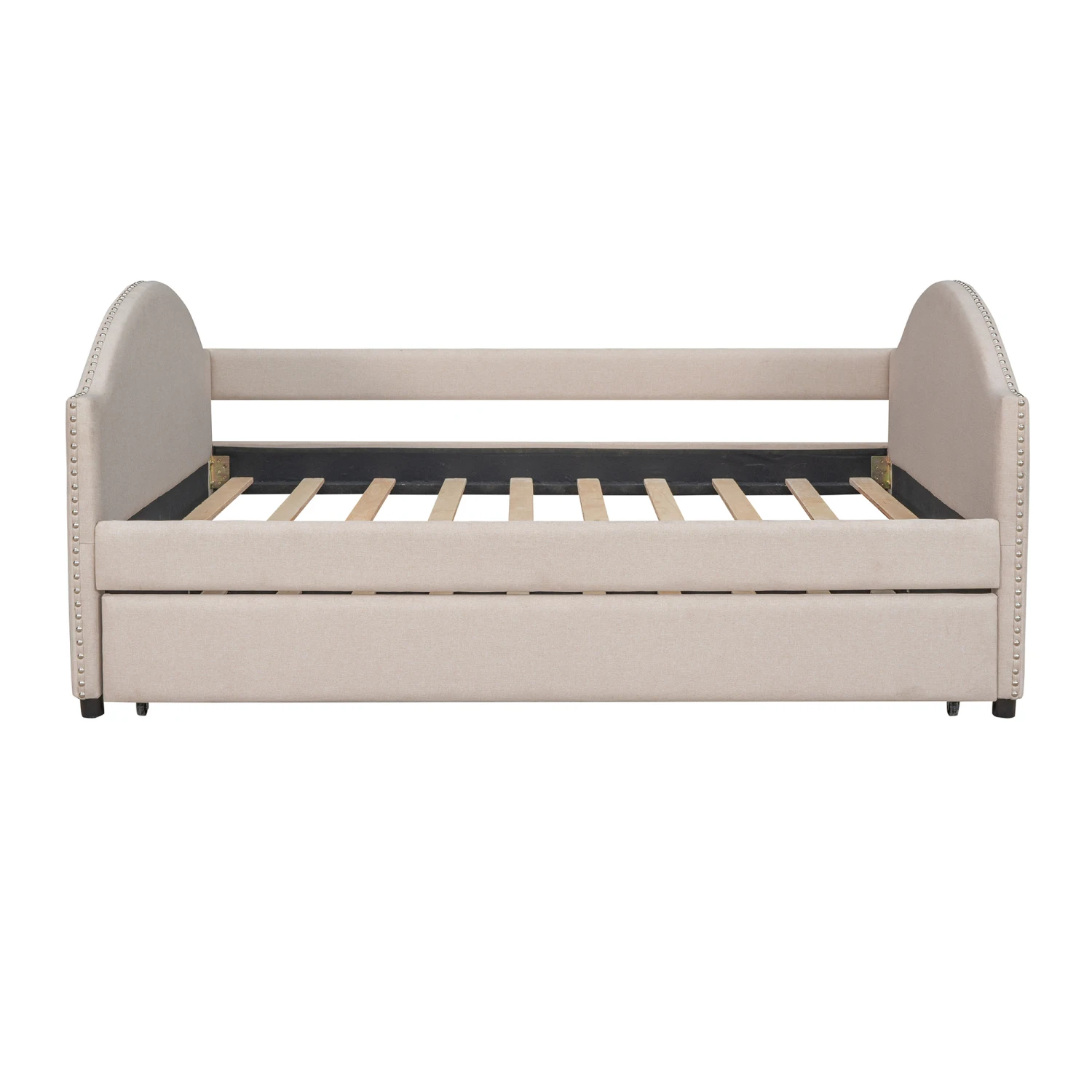 Full Size Upholstered Daybed with Twin Trundle, Wood Slat Support, Beige