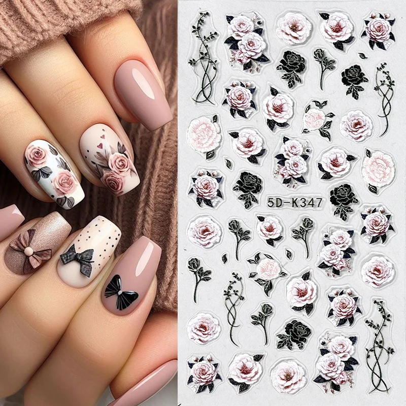 Flower Embossed 5D Nail Stickers Pink Red Flower Butterfly Design Self-Adhesive Sliders Manicure Valentine's Day Nail Decoration