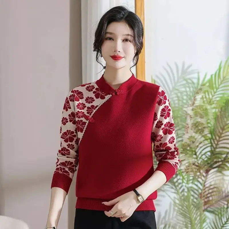 Stand-up Collar Chinese Style Patchwork Bottoming Shirt Women Autumn Winter Fashion Printing Top Tee Long Sleeve Warm Thick