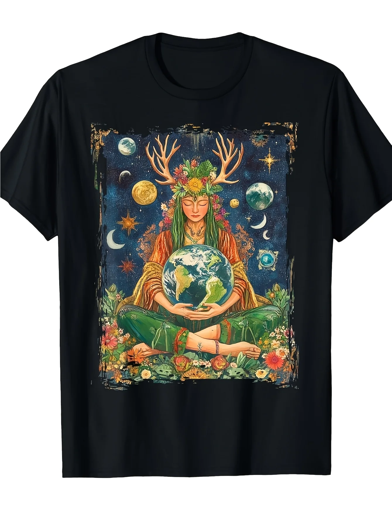 Gaia, The Greek Goddess and Pagan Mother of The Earth T-Shirt Unisex Black T-Shirt Featuring Celestial Earth Goddess Design
