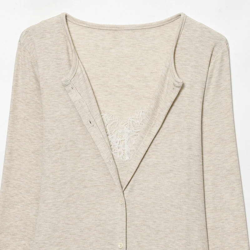 HXAO المحاصيل سترة متماسكة للنساء الخريف الربيع شيك الدانتيل طويلة الأكمام تريكو رمادي داكن البيج البلوزات الكورية شعبية بالأزرار