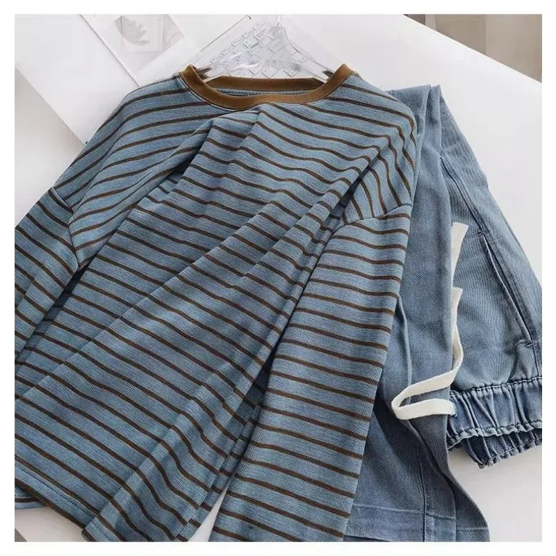 

Женский свободный топ с круглым вырезом в полоску, ленивый стиль, уменьшающий возраст, студенческий топ из чистого хлопка с длинными рукавами