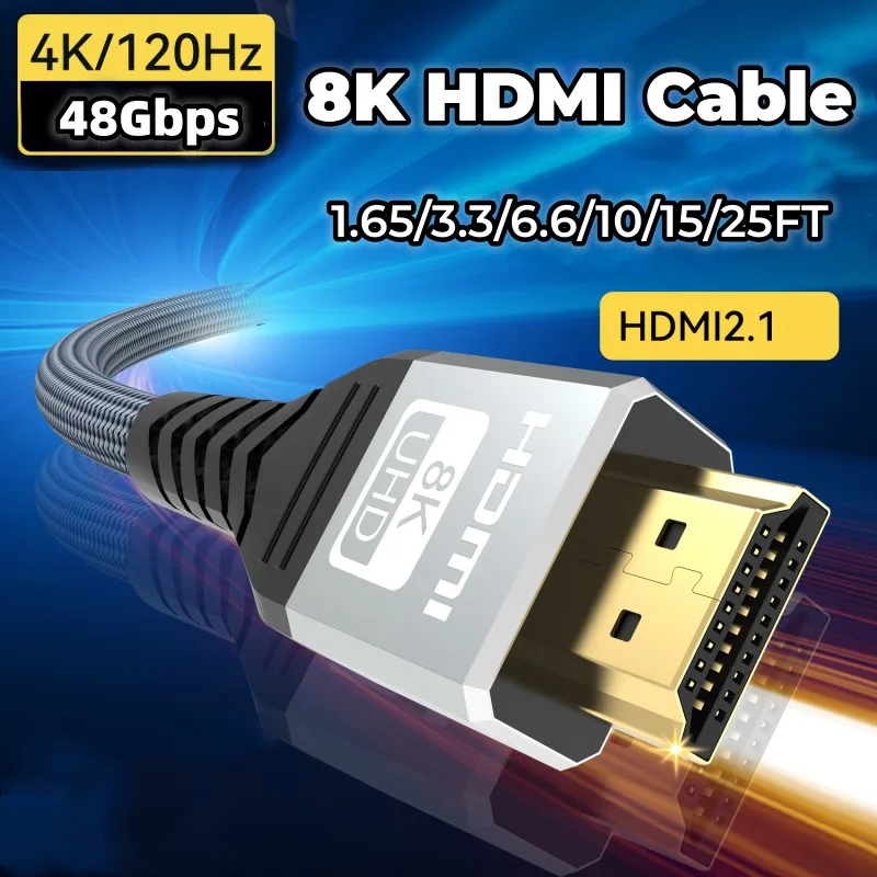 Long 8K HDMI 2.1 Cables,  48Gbps , High Speed Braided Cord-4K@120Hz 8K@60Hz,  Compatible With Roku TV/PS5/PS4/HDTV/RTX 3080 3090