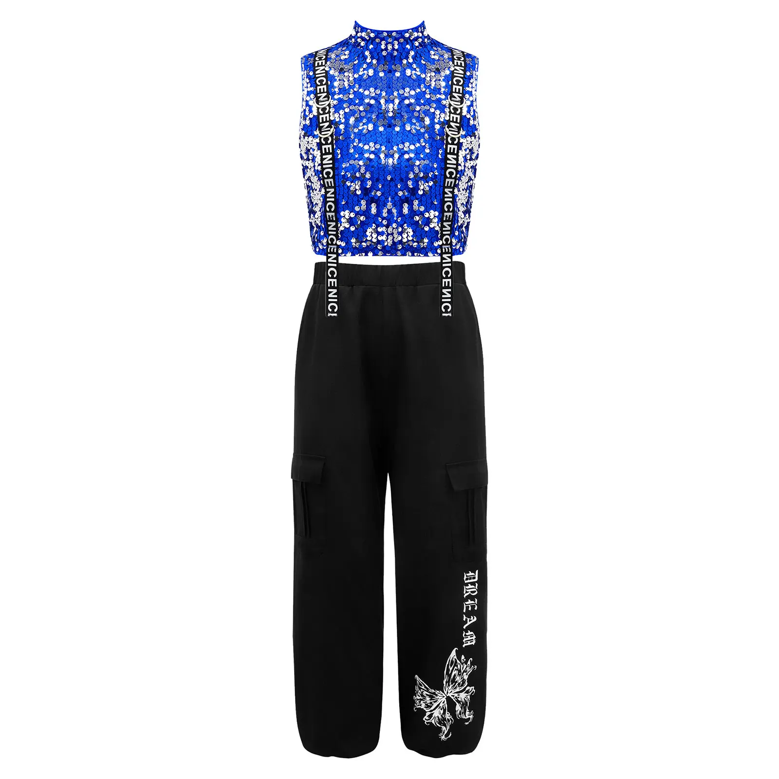 

Girls Hip Hop Jazz Dance Outfits Sparkly Sequins Vest Crop Tops with Cargo Pants Set Jazz Dance Ballroom Performance Costumes
