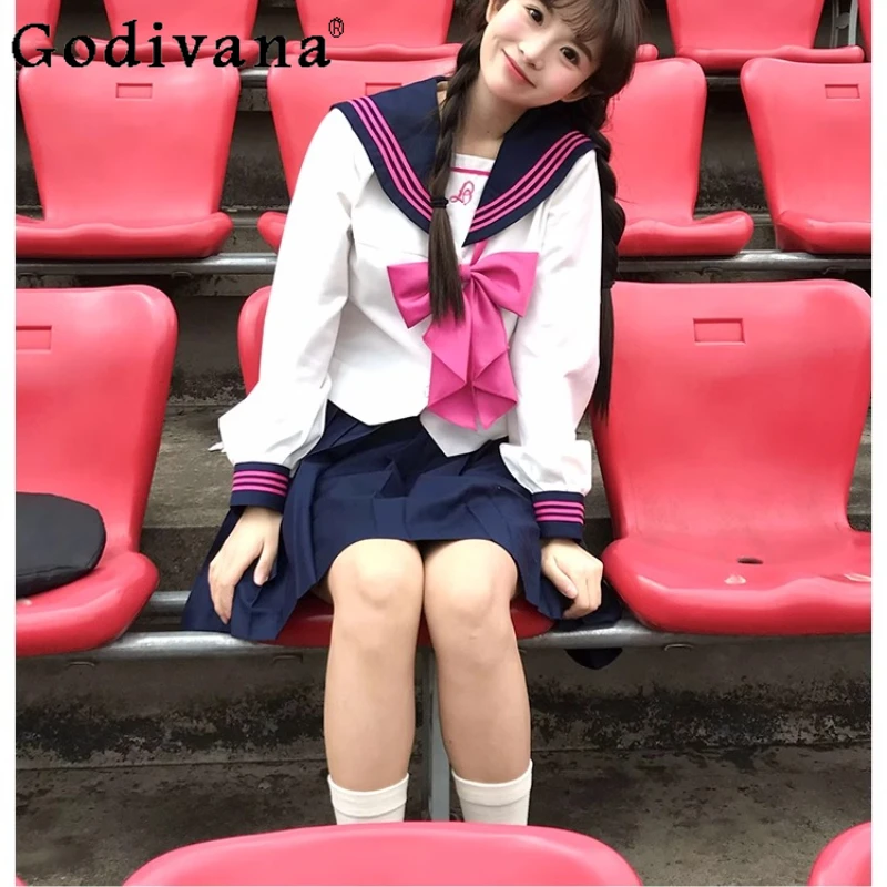 

Jk Japanese College Long Sleeve Sailor Sweet Shirt Spring New Solid Color High Waist Age Reduction Versatile Pleated Skirt Set