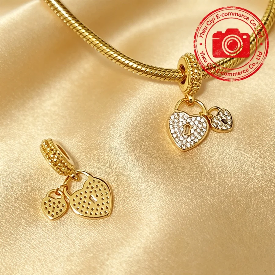 Now Sparkling Gold Heart Shape Envelope Family Multi-Element Charms Bead Pendants Clips Fit Original European Snake Bone Jewelry