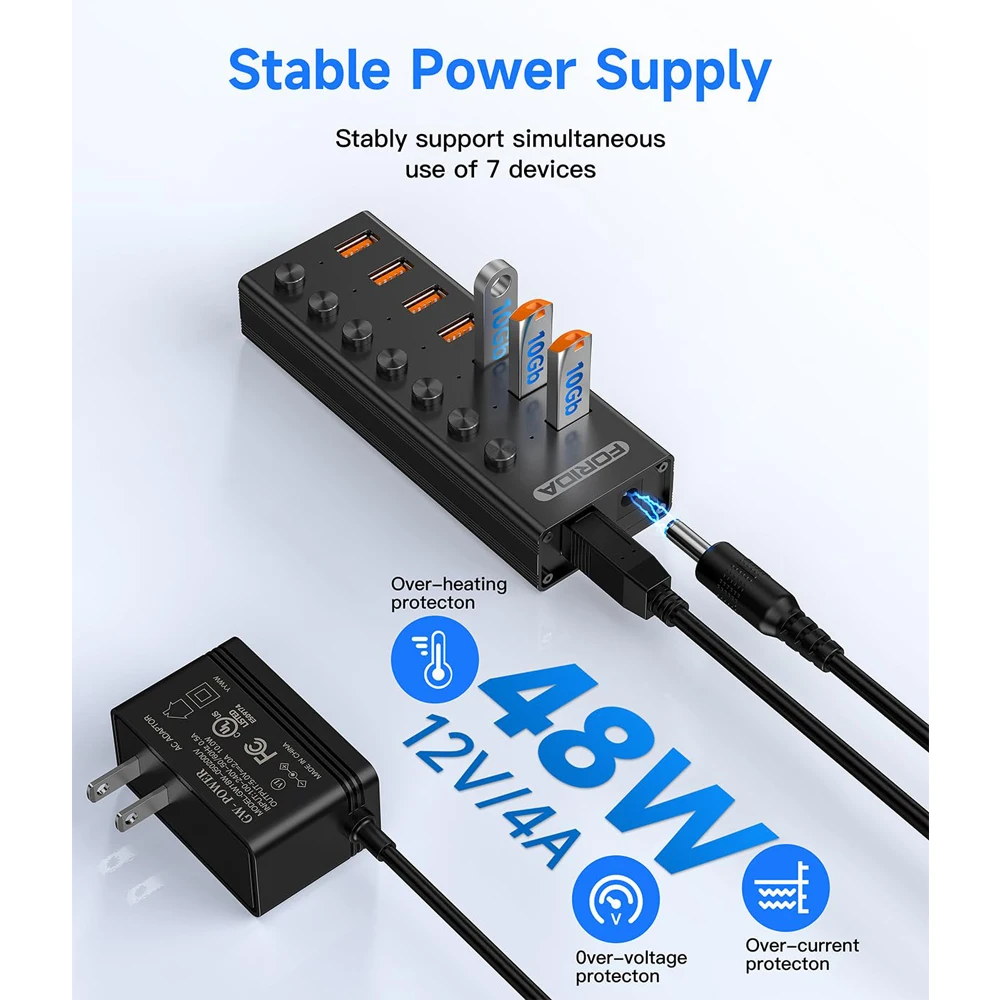 Imagem -06 - Divisor Usb Hub com Interruptores Led Individuais Adaptador de Alimentação 12v para Macbook 3.2 Hub 10gbps Portas Cabo 3.3ft Longo
