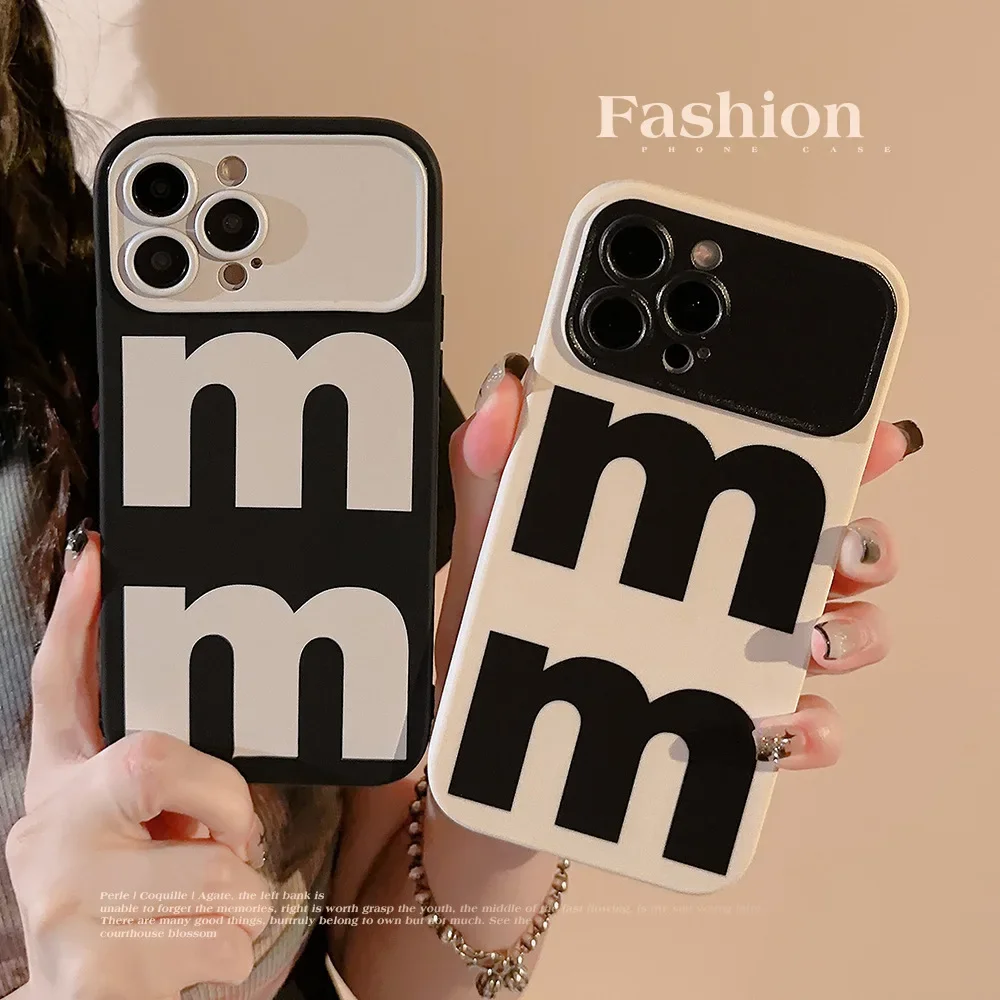 Simple Black White Stitching Letter M Phone Case for IPhone16 15 14 12 13 11 Pro ProMax Plus X XR Shockproof Phone Cover