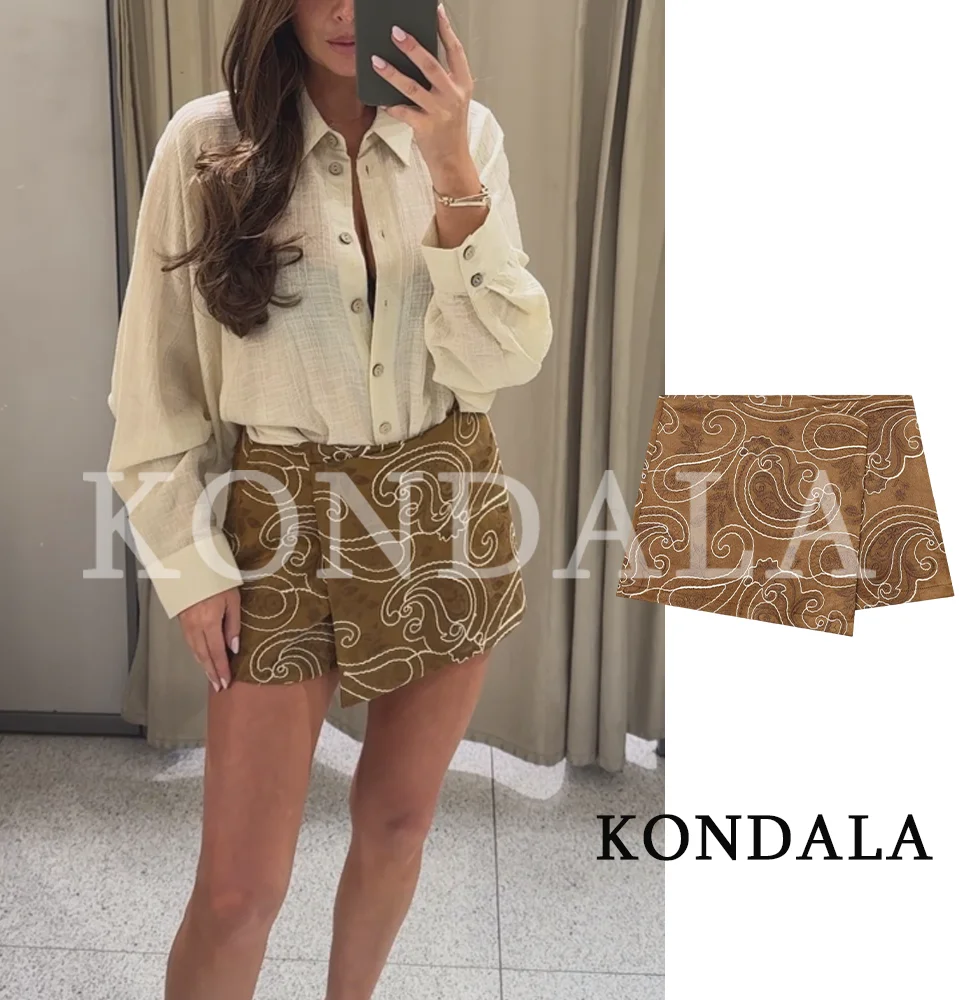 KONDALA Elegant Vintage Embroidered Culottes Women Holiday Casual Shorts Skirts New 2026 Spring Trendy Retro Lady Chic Culottes