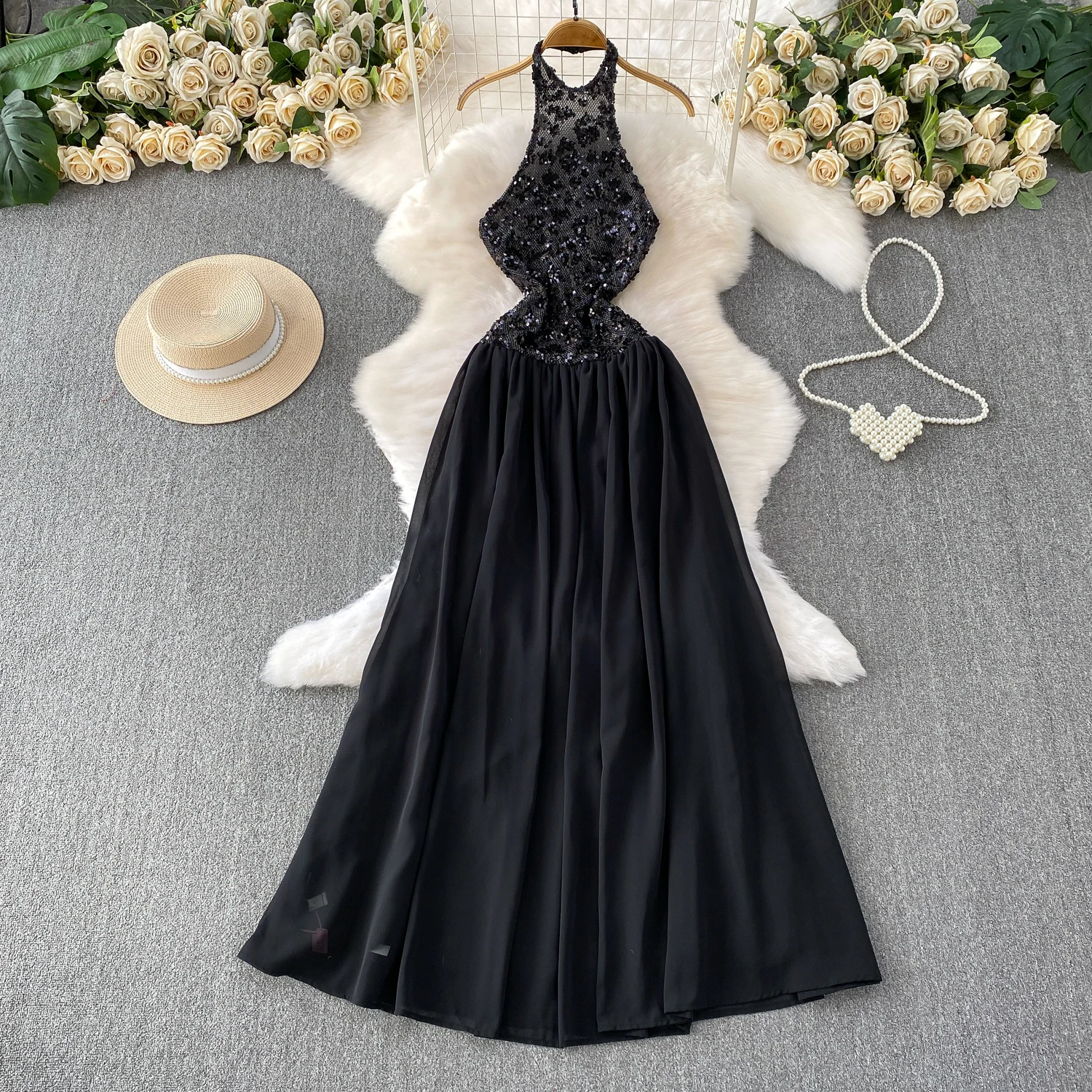 فستان أنيق أنيق بدون أكمام مزين بالترتر بدون أكتاف فستان صيفي على الموضة الكورية ملابس نسائية