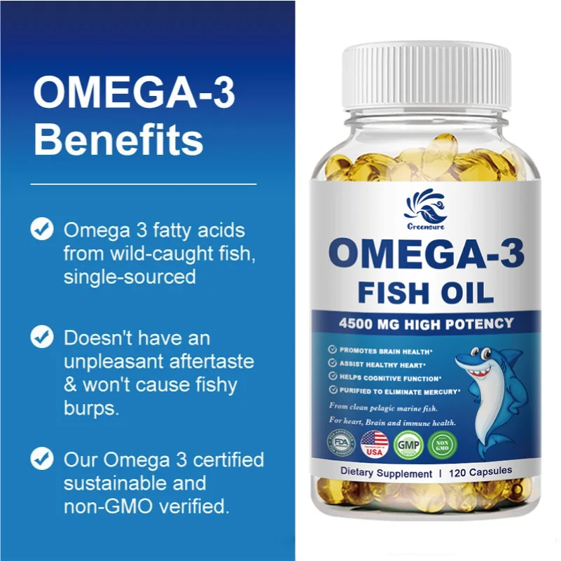 Greenture minyak ikan Omega-3 kapsul mendukung sistem saraf otak baik kardiovaskular & anti-peradangan & kesehatan kulit Antioksidan