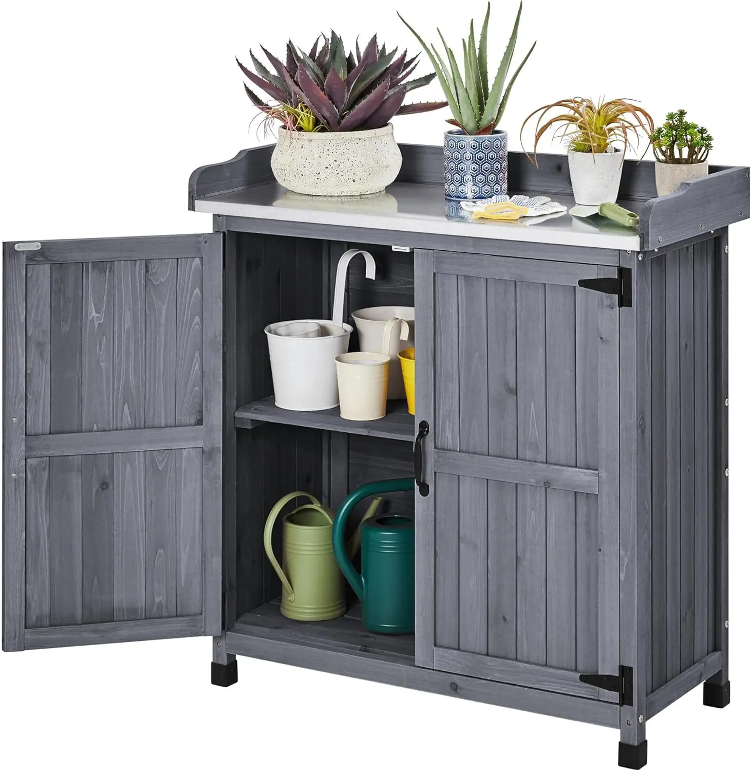 Potting Bench Table-Wooden Storage Cabinet with Removable Shelf & Flexible Space &Metal-Plated Tabletop for Outdoor Garden Patio