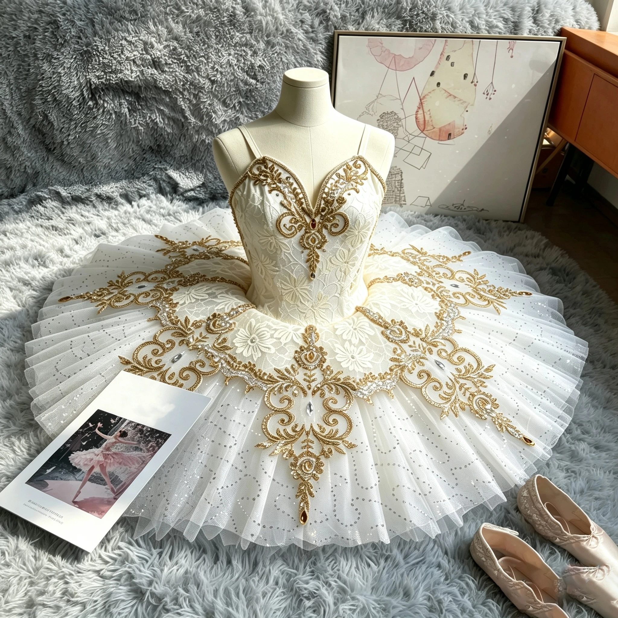 Professionelles Ballett-Tutu-Kleid für Damen, goldweiß, klassisches Pancake-Tutu, Ballerina-Bühnenkostüm für Wettbewerbe