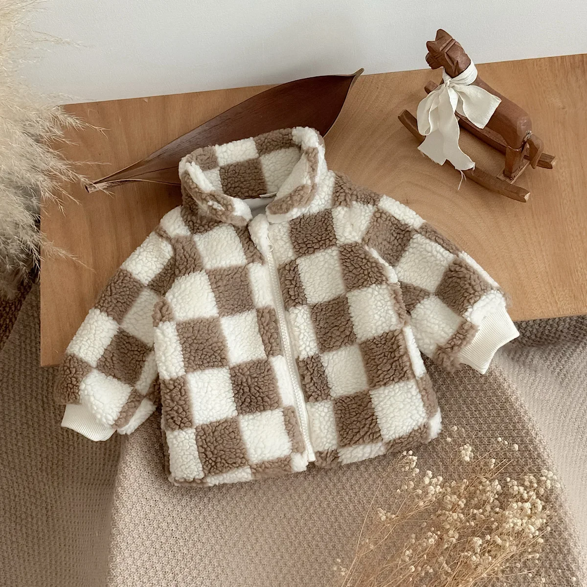 Baby Checkerboard Plaid Fleece Jacket Autumn Winter Toddler Stand Collar Thick Warm Fluffy Coat Kids Outerwear