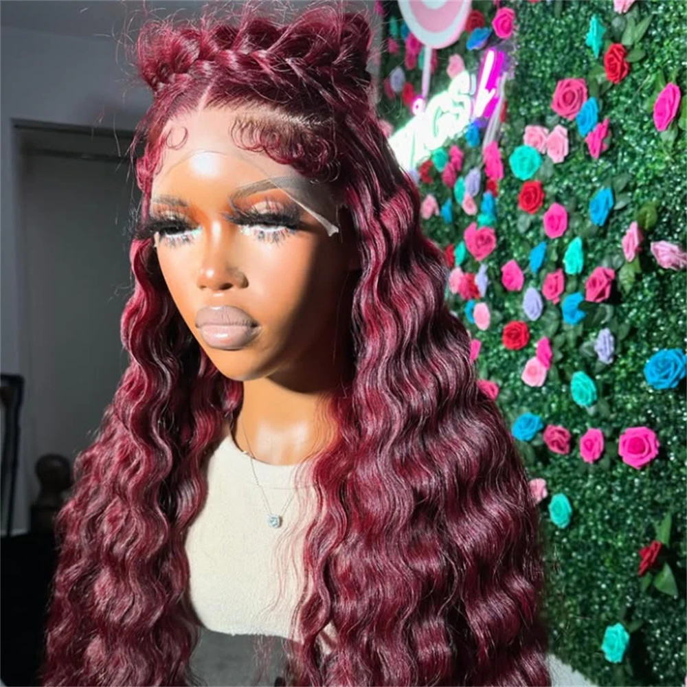 Мягкий бесклеевой парик 180 Плотность бордового цвета 26 дюймов Длинный странный вьющийся глубокий парик фронта шнурка для женщин с предварительно выщипанными волосами ребенка на каждый день