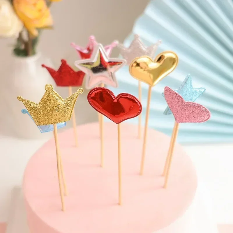 50pcs Star Topper for Cake Colorful Glitter Crown Heart Cake Decoration Girl or Boy Wedding Happy Birthday  Party Cupcake Decor