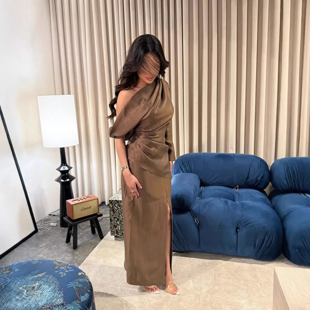 Nowa Sukienka Maxi Damska na Wiosnę Lato 2025, Jedno Ramię, Vintage, Elegancka, Marszczona, Dopasowana, z Rozcięciem, Długa, Luźna