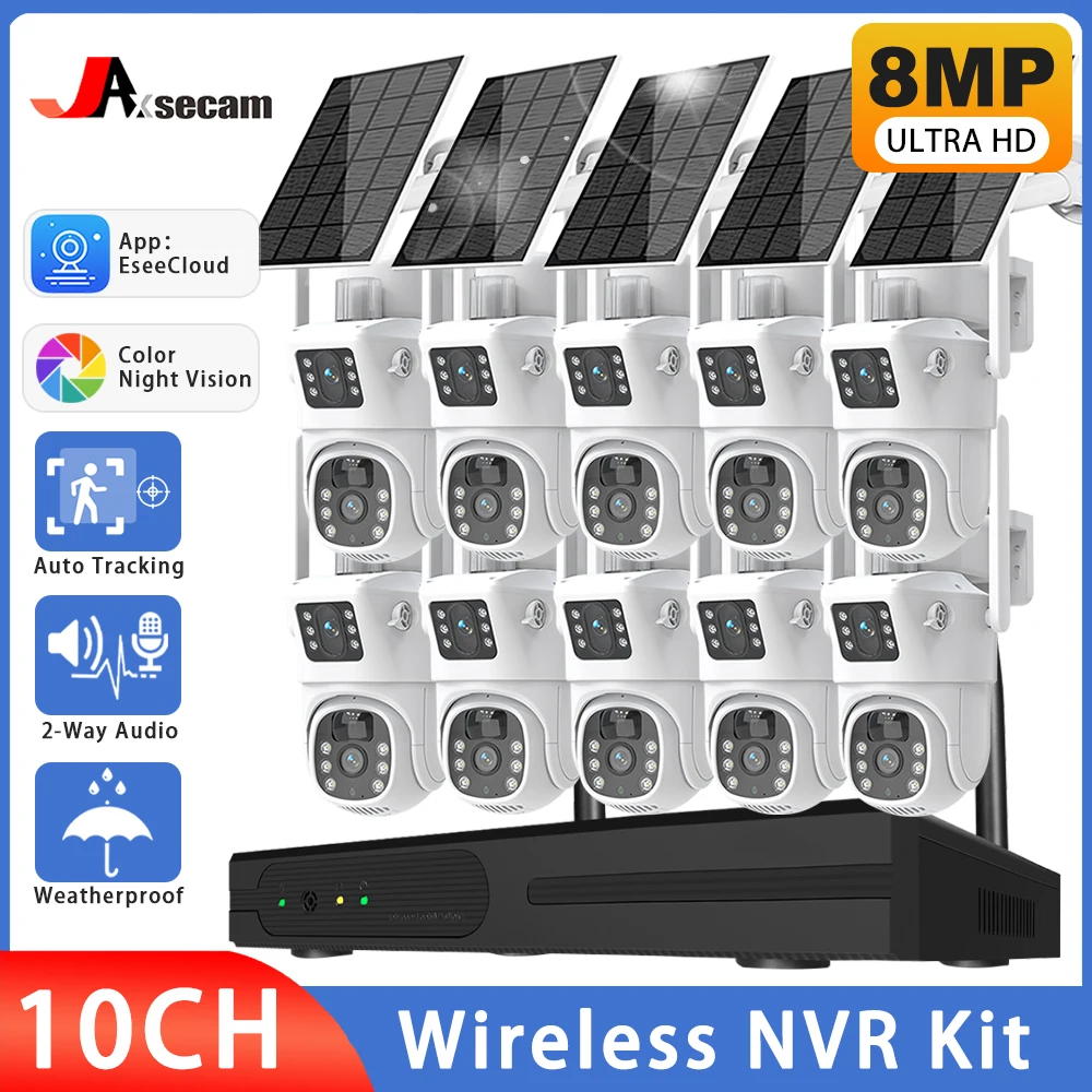 4K Dual Lens Wifi Solar CCTV Camera System 10CH 5MP Wireless NVR Kit 2 Way Audio PTZ IP Security Camera Video Surveillance Kit