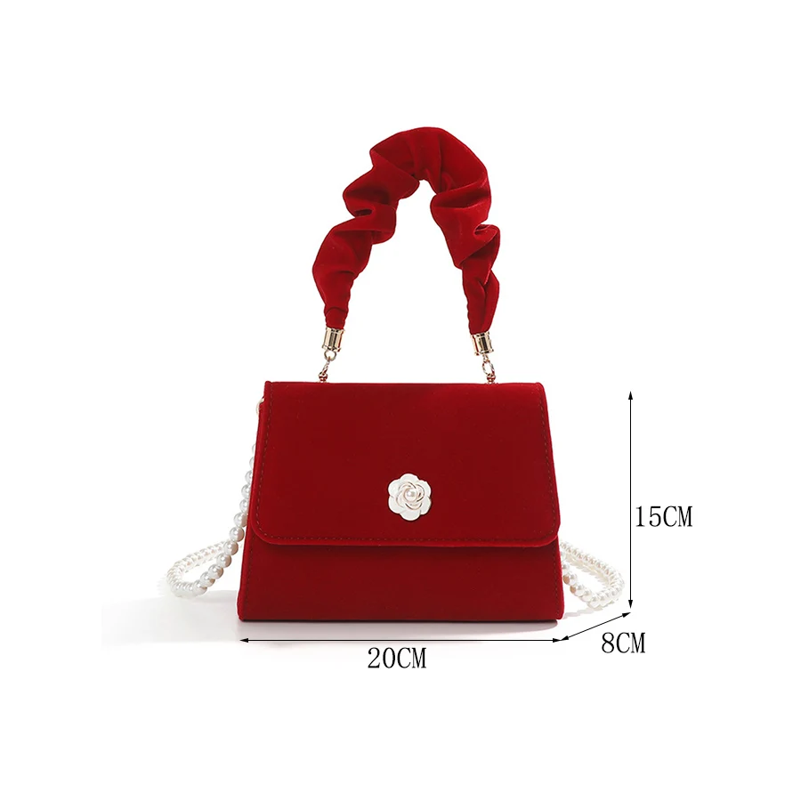 Velvet Red Totes Bag Wedding Party Dinner Bags Pleated Hand Pearl Chains Underarm Bag Red Bride Crossbody bag for Women Handbags