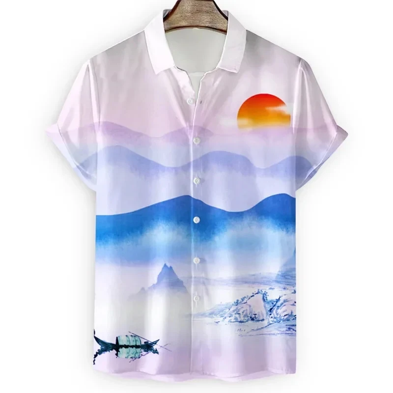 Spring and summer men's shirts, fashionable men's art illustrations, printed fashion lapels, men's shirts, artistic casual short