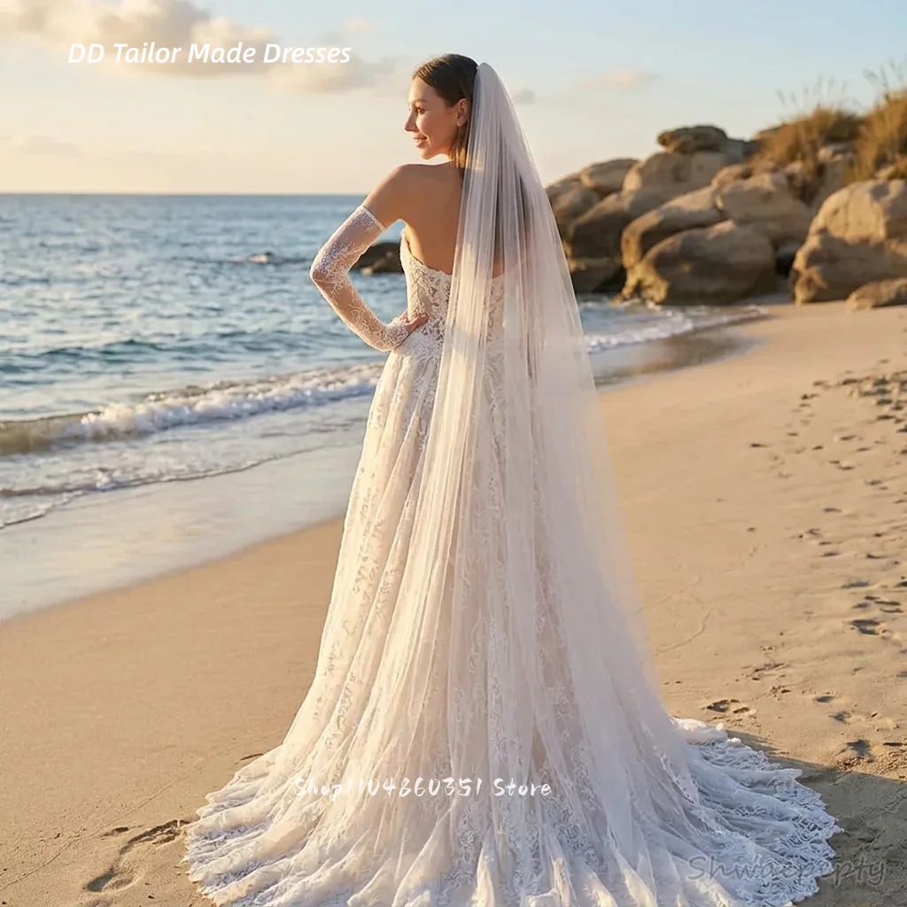 Lace Boho Wedding Dress A-Line Illusion Long Summer Beach Bridal Gowns Removable Sleeves Back Lace-Up Customized