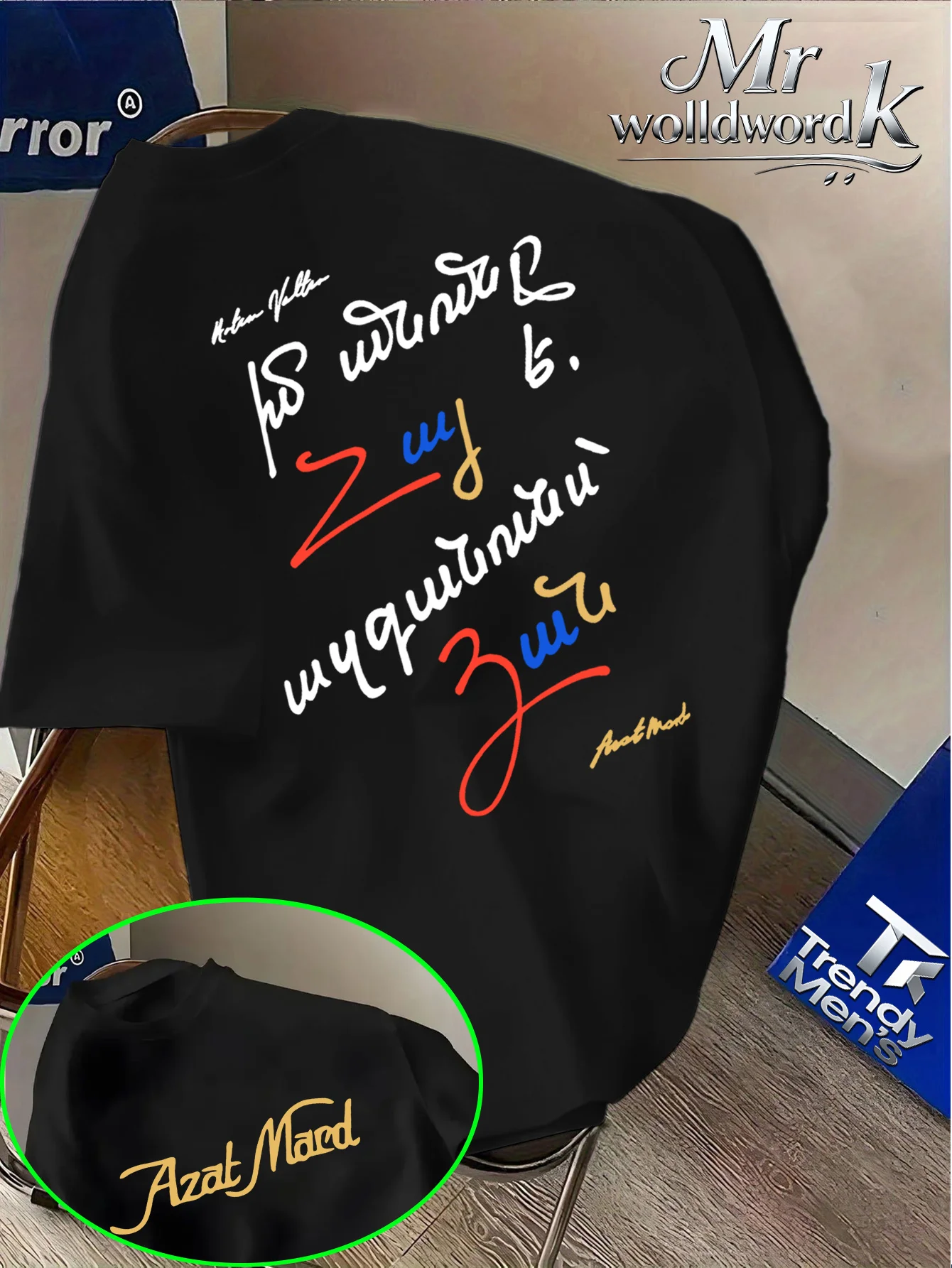 Summer Street Cool Style Azat Mard T-Shirt mit buntem handgeschriebenen Schriftzug-Aufdruck, Rundhalsausschnitt, kurzärmeliges Oberteil, locker und atmungsaktiv – Detail 6