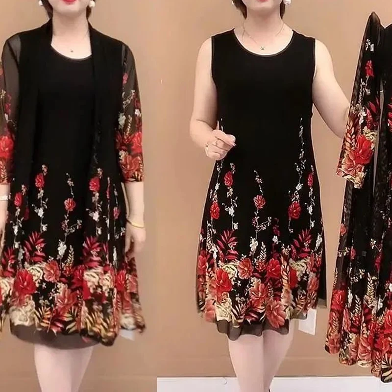 Sommer Mode Midi Kleid setzt Frauen O-Ausschnitt High Street ärmellose Blumen druck Vintage Kleid dreiviertel mittellangen Mantel